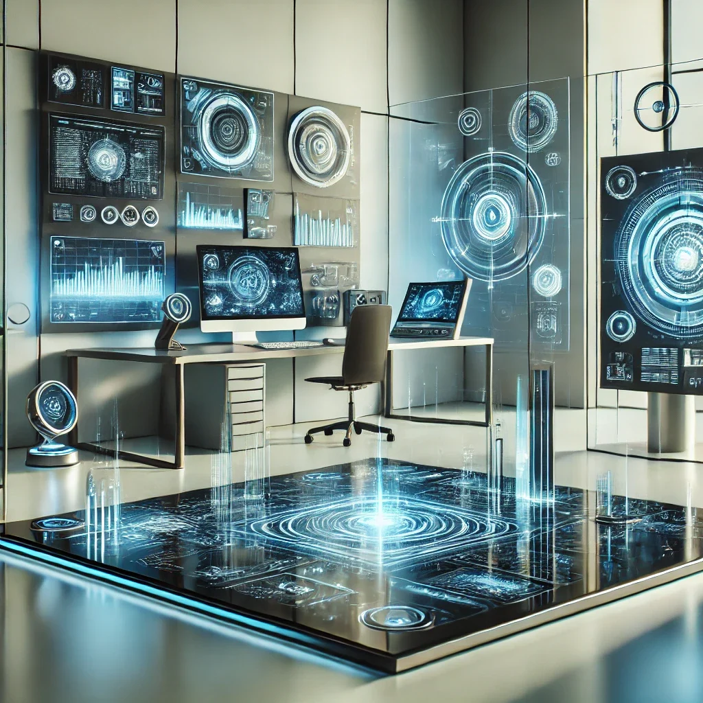 DALL·E 2024-08-12 22.19.56 - A futuristic and sleek technology and hi-tech environment showcasing advanced gadgets, digital screens, and innovative devices. The scene includes ele